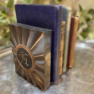 Vintage Bronze LE Mason Co Bookends Heavy Monogram E Copper Detail Art Deco